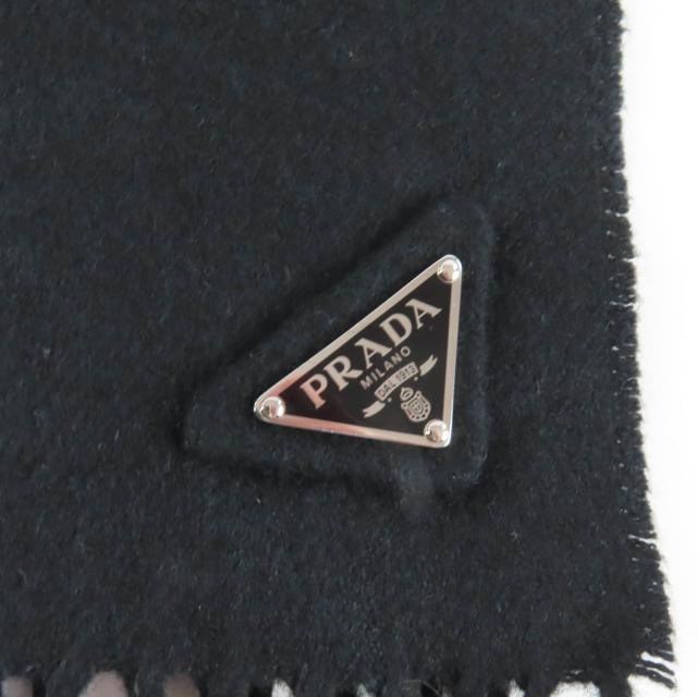 美品★PRADA プラダ 2023年製 1FS047 シルク カシミヤ混 トライアングルロゴプレート付 フリンジ マフラー 黒 1700×350mm 箱付 正規品_5