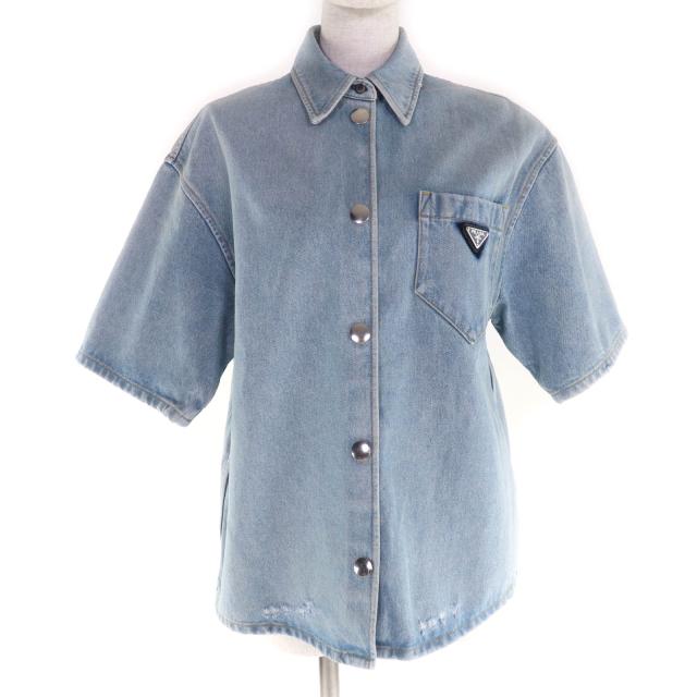 極美品★PRADA プラダ 22SS GFC037 オーガニックデニム シャツ コットン100％ ネイビー ダメージ加工 トライアングルプレート 40 正規品