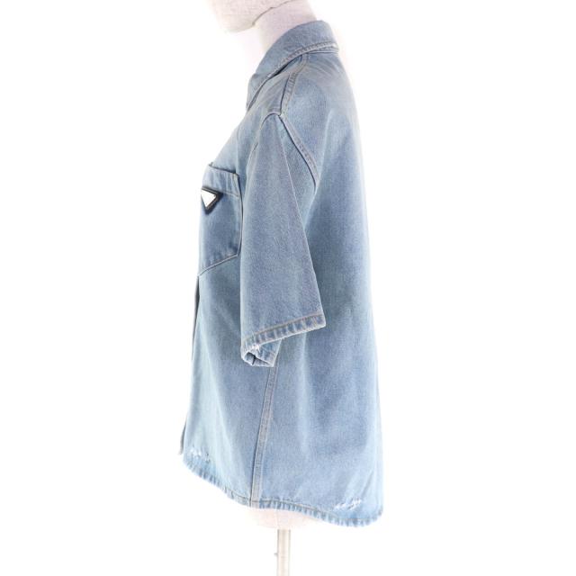 極美品★PRADA プラダ 22SS GFC037 オーガニックデニム シャツ コットン100％ ネイビー ダメージ加工 トライアングルプレート 40 正規品_1