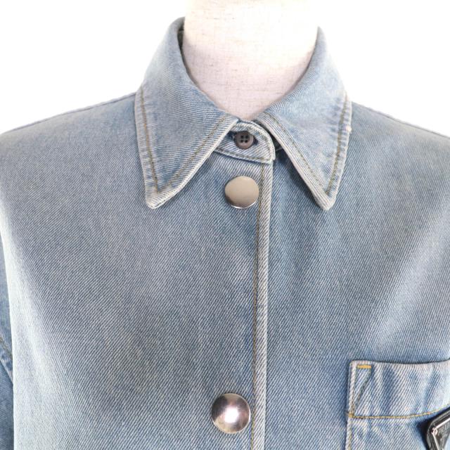 極美品★PRADA プラダ 22SS GFC037 オーガニックデニム シャツ コットン100％ ネイビー ダメージ加工 トライアングルプレート 40 正規品_3