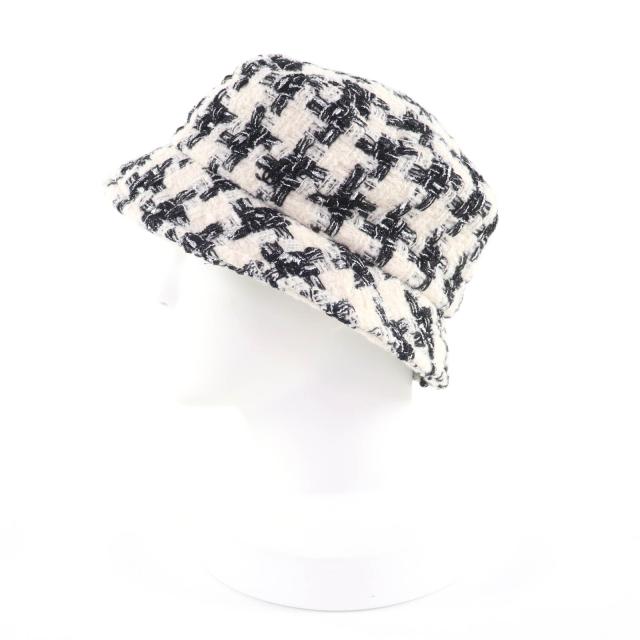 極美品★CHANEL シャネル 20AW 20B ココマークプレート付 千鳥柄 ラメ ツイード ハット 帽子 ホワイト ブラック M イタリア製 レディース