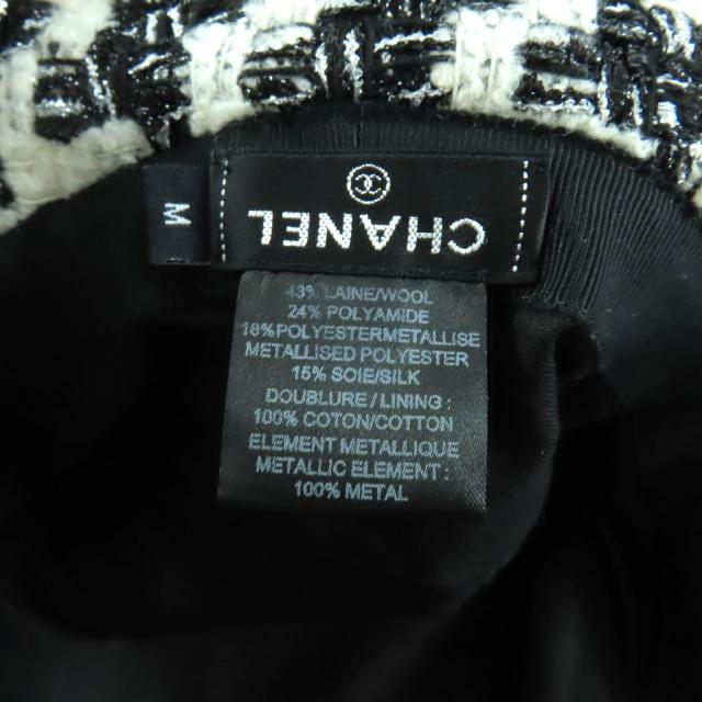 極美品★CHANEL シャネル 20AW 20B ココマークプレート付 千鳥柄 ラメ ツイード ハット 帽子 ホワイト ブラック M イタリア製 レディース