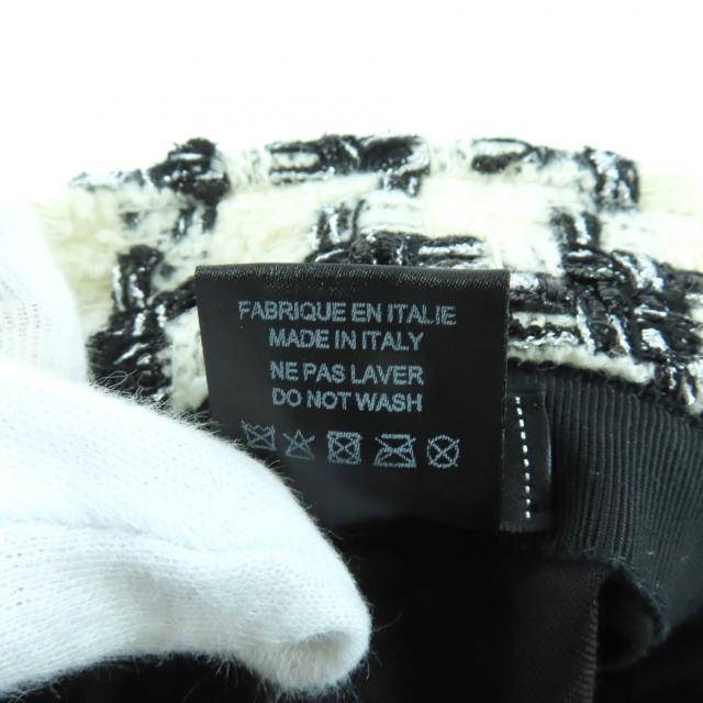 極美品★CHANEL シャネル 20AW 20B ココマークプレート付 千鳥柄 ラメ ツイード ハット 帽子 ホワイト ブラック M イタリア製 レディース