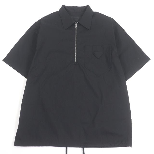 極美品□PRADA プラダ 24SS SC763 ハーフZIP トライアングルモチーフ コットンブレンド 半袖シャツ ブラック M イタリア製 正規品 メンズ