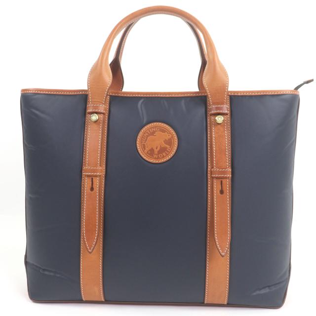 極美品□HUNTING WORLD ハンティングワールド バチュークロス レザー ロゴパッチ トートバッグ ネイビー ブラウン 保存袋付き メンズ