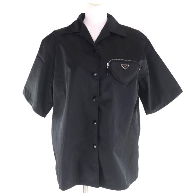 極美品★PRADA プラダ 24X702 Re-Nylon トライアングルロゴプレート ポーチ付 半袖シャツ ブラック 38 イタリア製 正規品 レディース