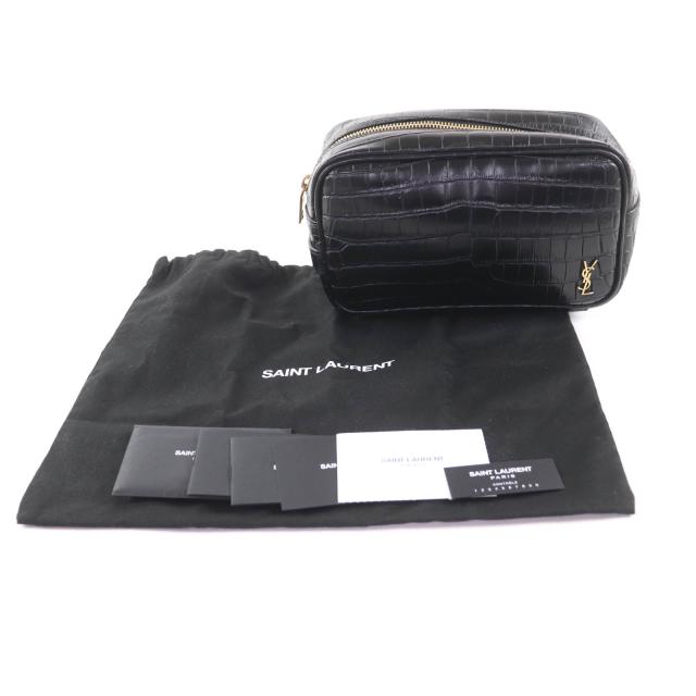 極美品★SAINT LAURENT PARIS サンローランパリ 664555 YSLロゴ金具付 クロコ型押し レザー 化粧ポーチ ポーチ ブラック 保存袋付_1