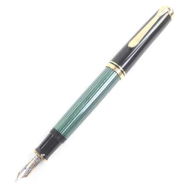 極美品□PERIKAN ペリカン M600 スーベレーン ペン先14C Mニブ 万年筆 ブラック グリーンストライプ 箱・ケース付き ドイツ製 メンズ