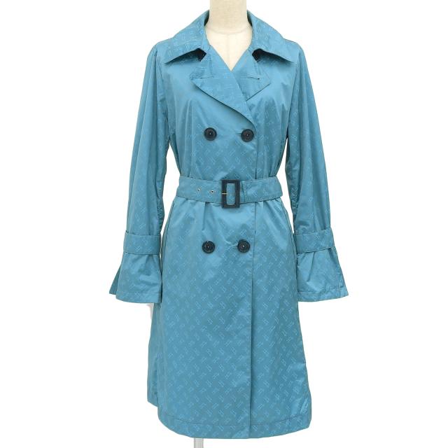 極美品▲Herno ヘルノ IM0121D HLモノグラム ロゴボタン ベルト付 トレンチコート スプリングコート 青 42 イタリア製 正規品 レディース