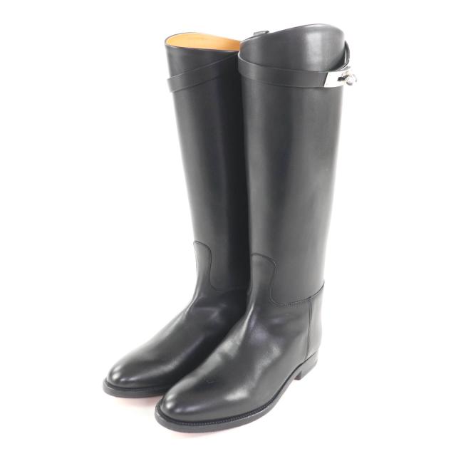 未使用品★HERMES エルメス ジャンピングブーツ シルバー金具 ケリーバックル レザー ロングブーツ ブラック 37 保存袋付き イタリア製