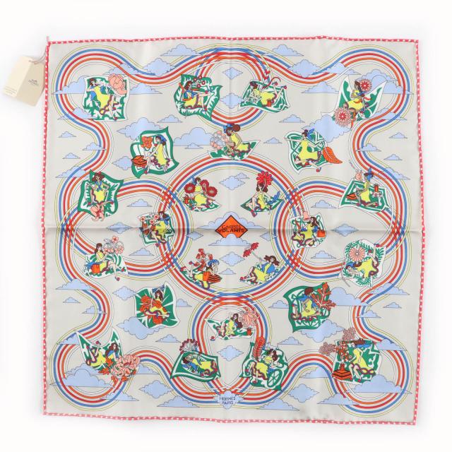 未使用品★HERMES エルメス カレ45 VOLANTS 空飛ぶカレ シルク100％ GRIS PER-E/VERT/JA スカーフ 箱付き フランス製 レディース