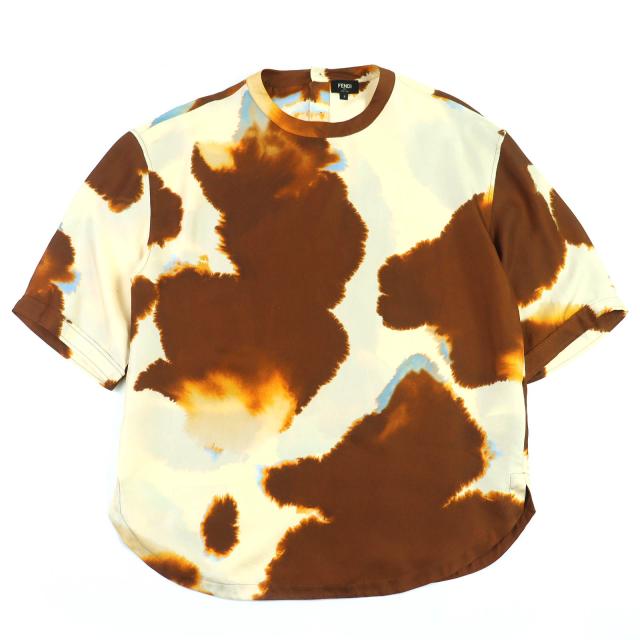 極美品△FENDI フェンディ 2022SS FY1200 シルク100％ ロゴワッペン 総柄デザイン クルーネック 半袖シャツ ブラウン ベージュ S 正規品