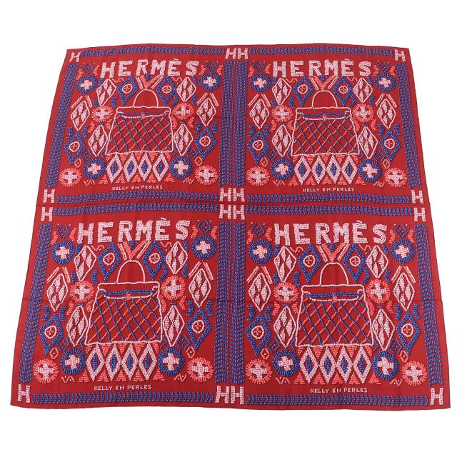極美品△HERMES エルメス KELLY EN PERLES ケリーアンペルル シルク100％ カレ140 大判 スカーフ レッド系 フランス製 レディース
