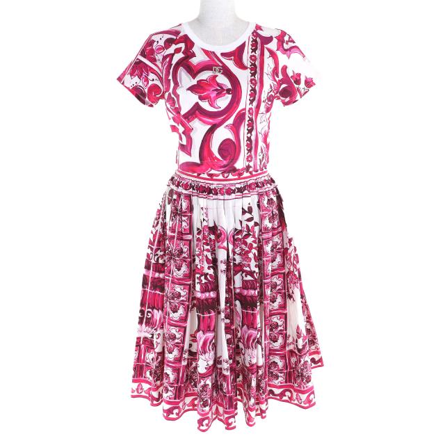 美品△DOLCE&GABBANA ドルチェ＆ガッバーナ マヨリカ コットン100％ 黒タグ ロゴ 半袖カットソー フレアスカート セットアップ 40 正規品