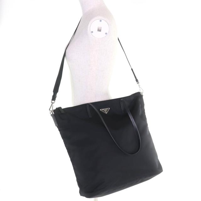 美品◇PRADA プラダ 1BG189 トライアングルロゴプレート付き レザー使い 2way ナイロン ショルダー/トートバッグ ブラック レディース_2
