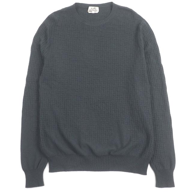 極美品□HERMES エルメス カシミヤ100％ H柄編み 総柄 ロングスリーブ 長袖ニット セーター チャコール XL イタリア製 正規品 メンズ