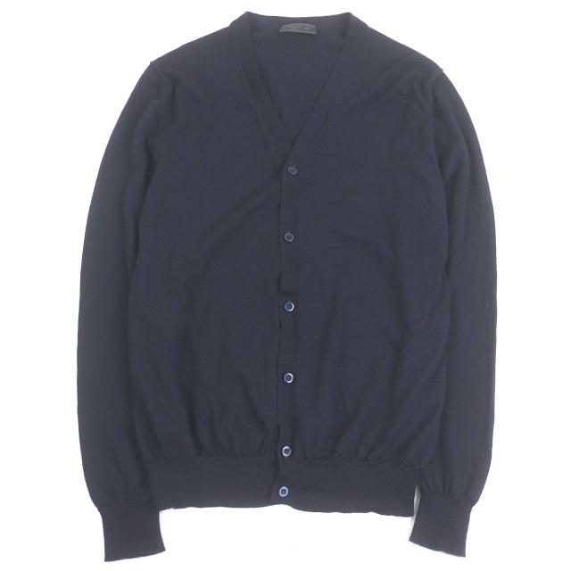 極美品□PRADA プラダ 2023年製 DNA959 バージンウール100％ 薄手 ロングスリーブ ニットカーディガン ネイビー 50 正規品 メンズ