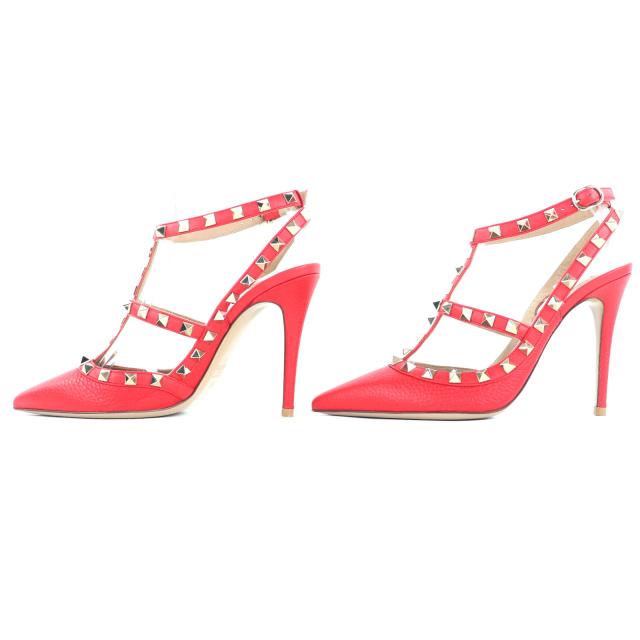 美品◇Valentino Garavani ヴァレンティノガラヴァーニ ロックスタッズ ポインテッドトゥ レザー パンプス 赤 36 イタリア製 レディース_1