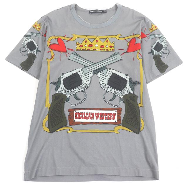 極美品□DOLCE&GABBANA ドルチェ＆ガッバーナ ヴィンテージ加工 黒タグ プリントデザイン クルーネック 半袖Ｔシャツ 46 伊製 正規品