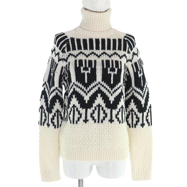 美品△MONCLER モンクレール 2021年製 CICLISTA ウール ロゴワッペン 総柄 タートルネック 長袖 ニット セーター アイボリー 黒 S 正規品