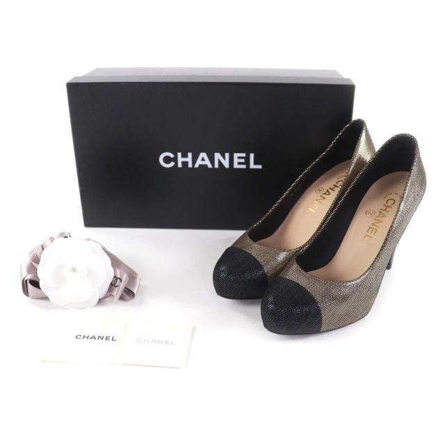 極美品★CHANEL シャネル G28557 ラインストーンココマーク付 アーモンドトゥ パンプス ゴールド ブラック 37 箱付き イタリア製
