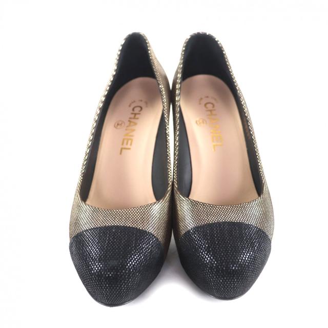 極美品★CHANEL シャネル G28557 ラインストーンココマーク付 アーモンドトゥ パンプス ゴールド ブラック 37 箱付き イタリア製