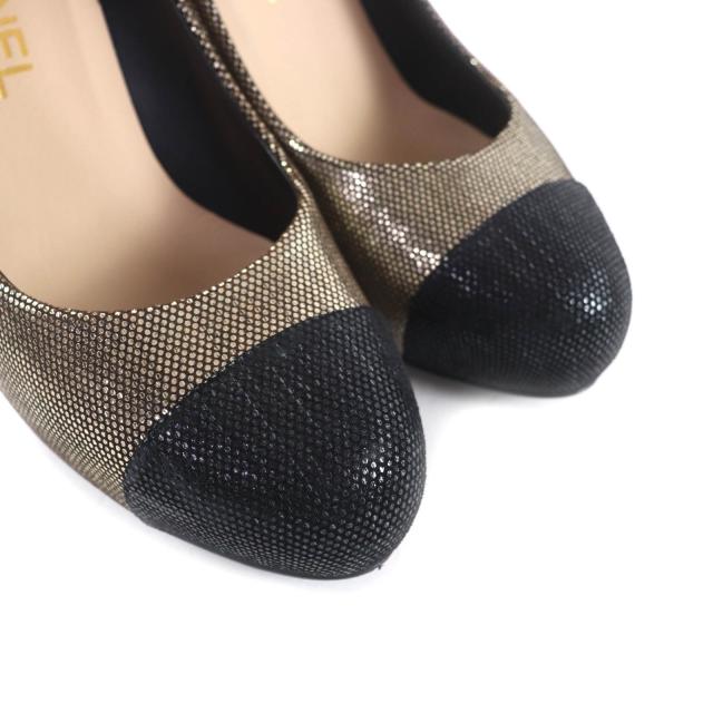 極美品★CHANEL シャネル G28557 ラインストーンココマーク付 アーモンドトゥ パンプス ゴールド ブラック 37 箱付き イタリア製