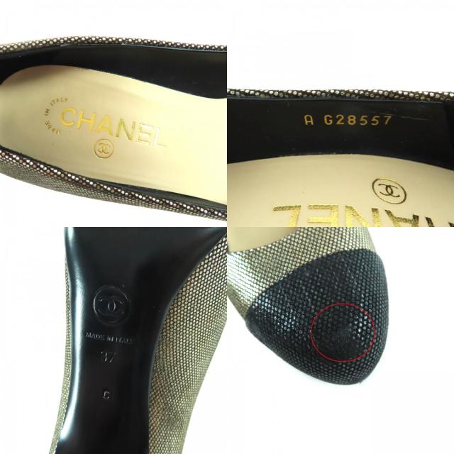 極美品★CHANEL シャネル G28557 ラインストーンココマーク付 アーモンドトゥ パンプス ゴールド ブラック 37 箱付き イタリア製
