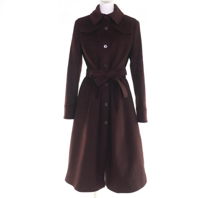 極美品☆Max Mara マックスマーラ ウール100％  ロゴボタン ベルテッド ロング丈 コート ブラウン 42 正規品 レディース