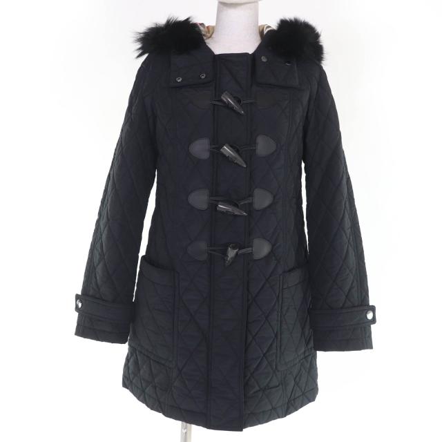 美品☆BURBERRY LONDON バーバリーロンドン ファー・フード付き キルティング 中綿入り ダッフル コート ブラック 38 正規品 レディース