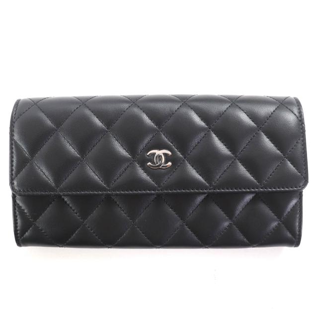 極美品◇CHANEL シャネル A80758 クラシック ロング フラップ ウォレット ラムスキン18752820 マトラッセ ココマーク金具付き 長財布 黒
