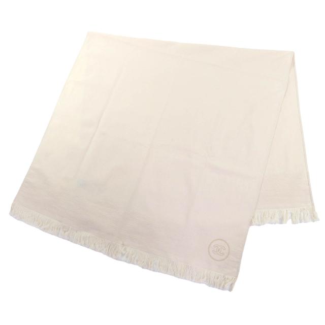 極美品◇CHANEL シャネル コットン ココマーク刺繍 フリンジ・ポーチ付 ラグ ビーチマット アイボリー 200×100cm イタリア製 レディース