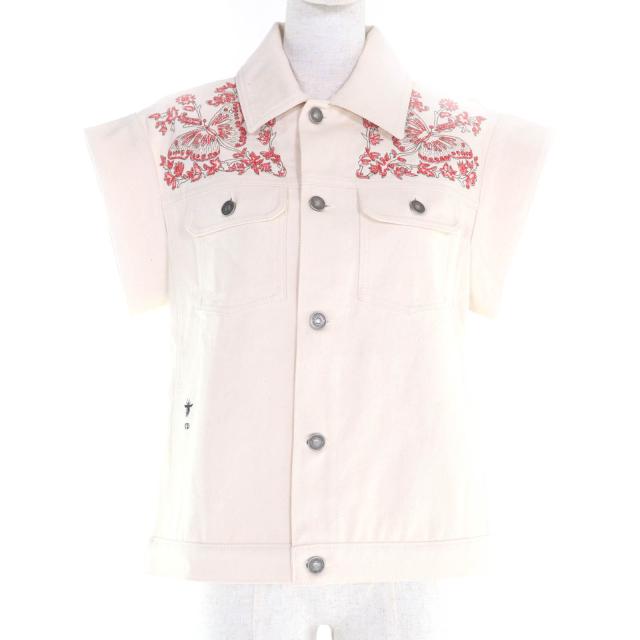 未使用品◇クリスチャンディオール 412V19X3296 コットン100％ ロゴ刺繍 ビーズ装飾付き ショートスリーブ デニムジャケット 38 正規品