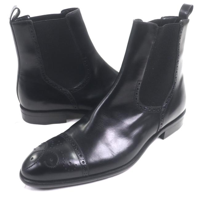 極美品▼BALLY バリー レザー ストレートチップ メダリオン パーフォレーション サイドゴア ブーツ ブラック EU9 メンズ