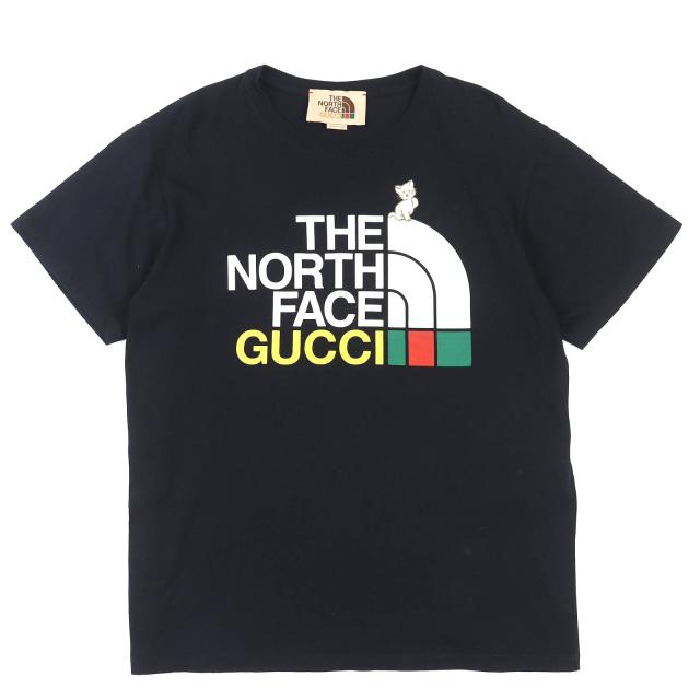 美品△GUCCI×THE NORTH FACE グッチ×ザ・ノースフェイス 615044 コットン100％ ロゴ ネコ クルーネック 半袖Ｔシャツ ブラック XS 正規品