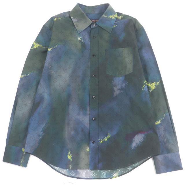 極美品□LOUIS VUITTON ルイヴィトン コットン100％ モノグラム タイアンド 長袖シャツ ブルー系 M イタリア製 正規品 メンズオススメ
