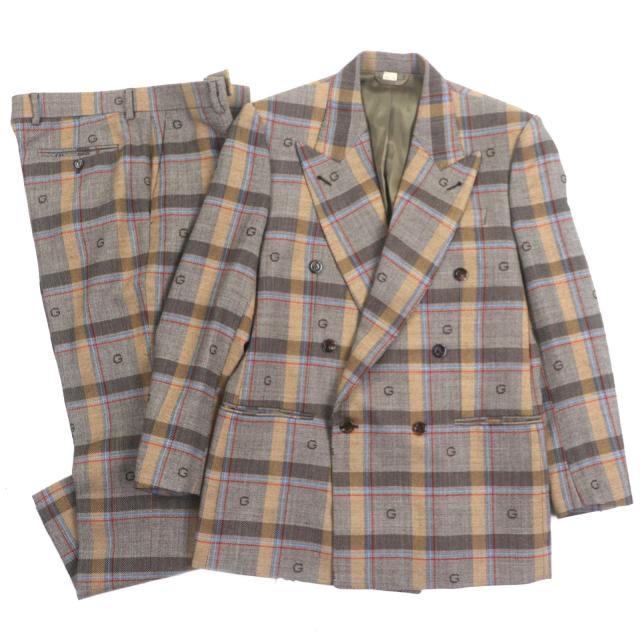 極美品▼GUCCI グッチ 675837 680704 ウール100% GG柄 チェック柄 ダブルスーツ セットアップ ブラウン 48 ガーメント付 正規品 メンズ