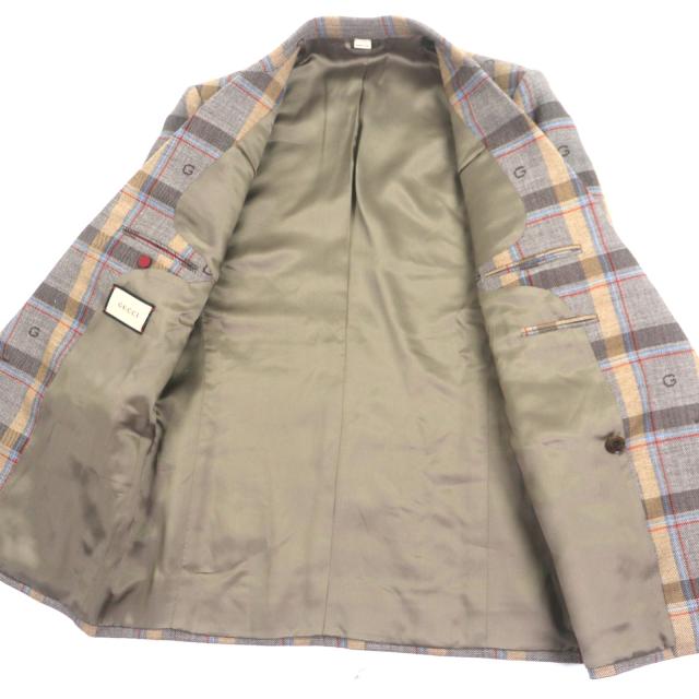 極美品▼GUCCI グッチ 675837 680704 ウール100% GG柄 チェック柄 ダブルスーツ セットアップ ブラウン 48 ガーメント付 正規品 メンズ_3