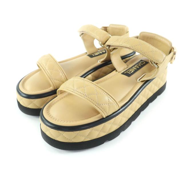 未使用品★CHANEL シャネル 22A G39143 ココマーク金具付 マトラッセ ベルクロ レザー サンダル ベージュ 39 箱・保存袋付き イタリア製