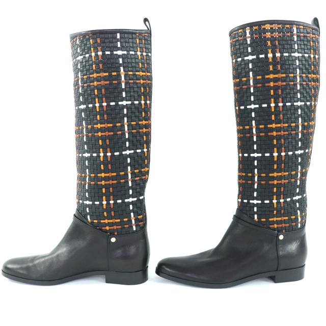 極美品◇HERMES エルメス シルバー金具 セリエボタン 編み込みデザイン レザー ロングブーツ 黒 37.5 保存袋付き イタリア製 レディース_2