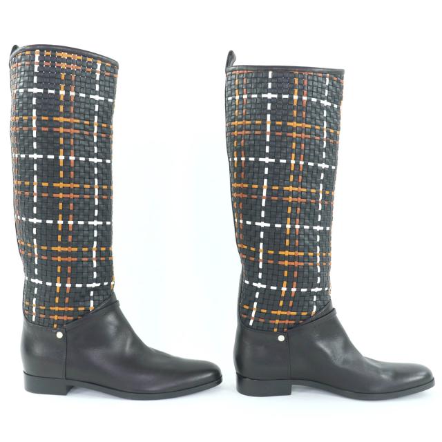 極美品◇HERMES エルメス シルバー金具 セリエボタン 編み込みデザイン レザー ロングブーツ 黒 37.5 保存袋付き イタリア製 レディース_3