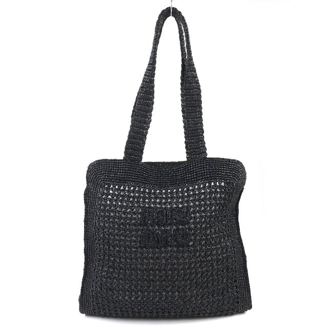 極美品△MIUMIU ミュウミュウ 5BG230 ラフィア ロゴ クロシェ トートバッグ かごバッグ ブラック 保存袋付き イタリア製 レディース