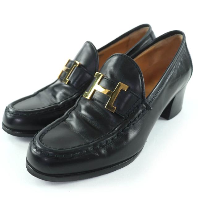 良品☆HERMES エルメス コンスタンス モカシン Hロゴ ゴールド金具 レザー パンプス ブラック 35.5 イタリア製 レディース