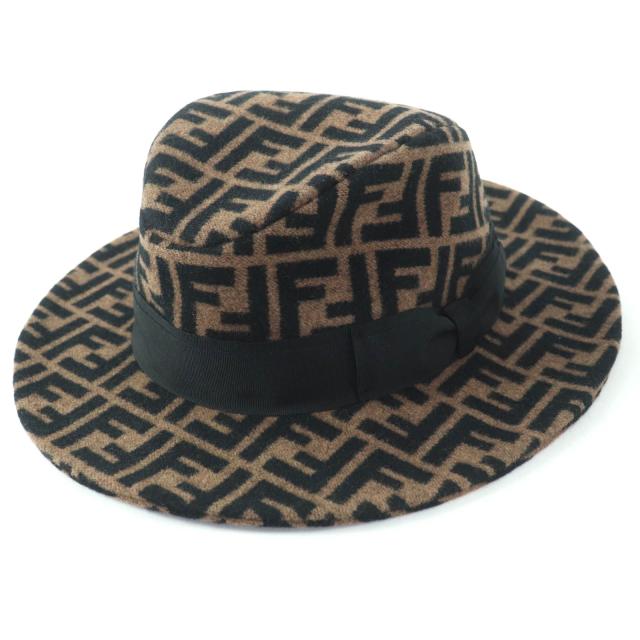 極美品☆FENDI フェンディ ウール カシミヤ シルク混 ズッカ柄 フェルトハット 中折れ ハット ブラウン S イタリア製 正規品 レディース
