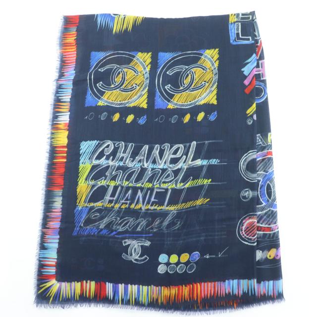 極美品☆CHANEL シャネル 19P カシミヤ100％ ココマークロゴ総柄デザイン フリンジ付 大判 ストール ネイビー系 イタリア製 レディース