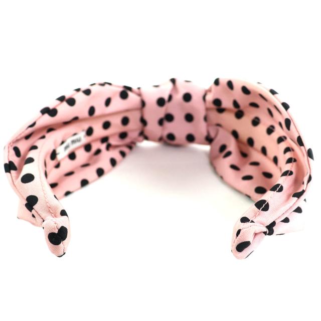 極美品◇Miu Miu ミュウ ミュウ 5IH032 ロゴ刺繍 ドット柄 リボン カチューシャ ヘアアクセサリー ピンク ブラック 保存袋付  レディース_6