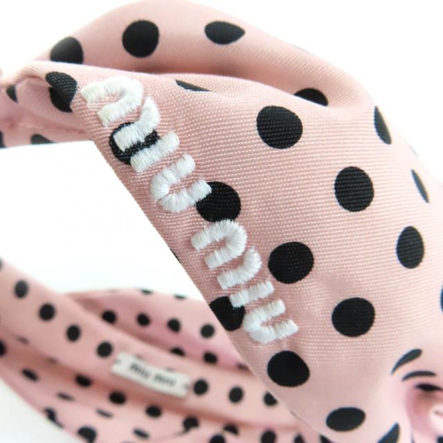 極美品◇Miu Miu ミュウ ミュウ 5IH032 ロゴ刺繍 ドット柄 リボン カチューシャ ヘアアクセサリー ピンク ブラック 保存袋付  レディース_8
