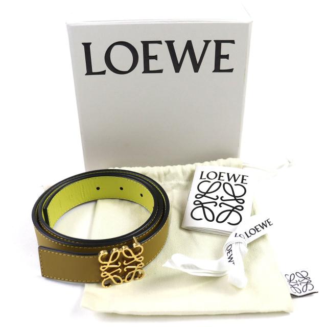 極美品△LOEWE ロエベ 832213 アナグラムバックル レザー ベルト オリーブグリーン イエロー ゴールド金具 80/32 箱・袋付き レディース_1