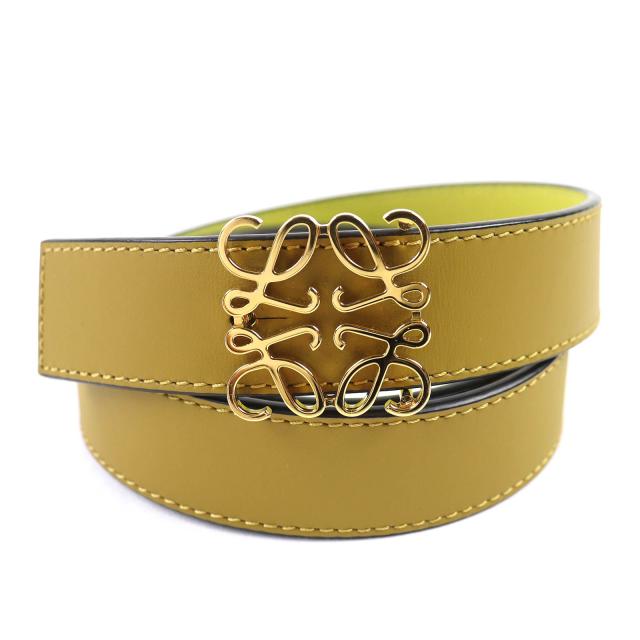 極美品△LOEWE ロエベ 832213 アナグラムバックル レザー ベルト オリーブグリーン イエロー ゴールド金具 80/32 箱・袋付き レディース