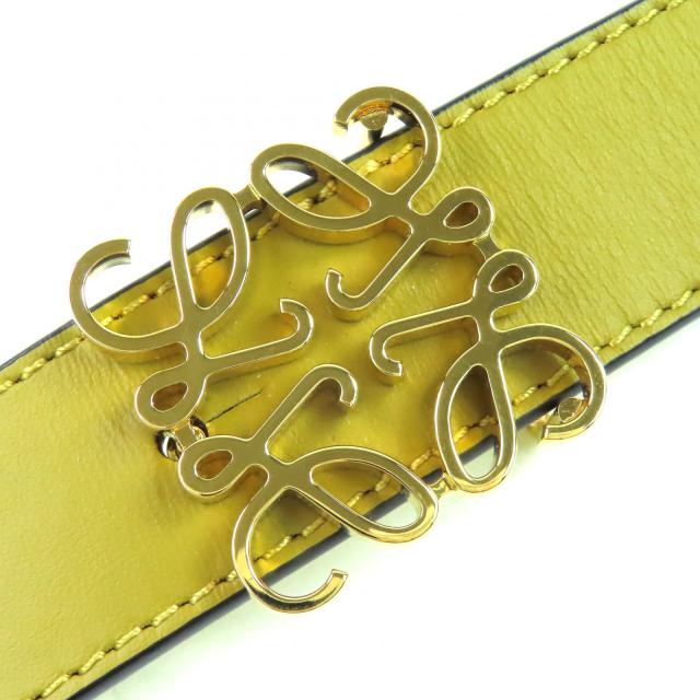 極美品△LOEWE ロエベ 832213 アナグラムバックル レザー ベルト オリーブグリーン イエロー ゴールド金具 80/32 箱・袋付き レディース_4